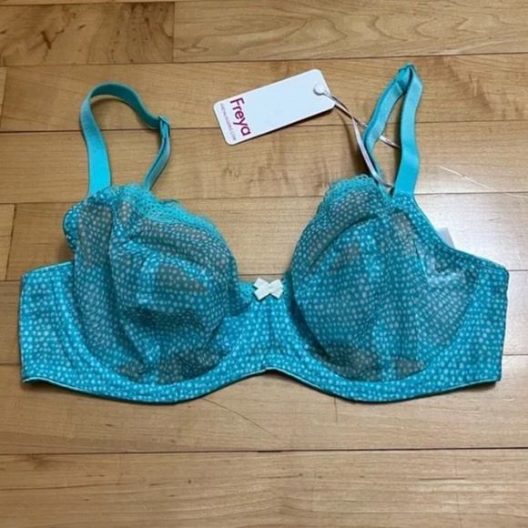 Freya Summer Haze Bra Size 30DDD NWT Semi Sheer with Lace Blue and White - Picture 3 of 8
